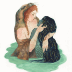 Watercolour painting of a selkie and a nymph in a romantic embrace