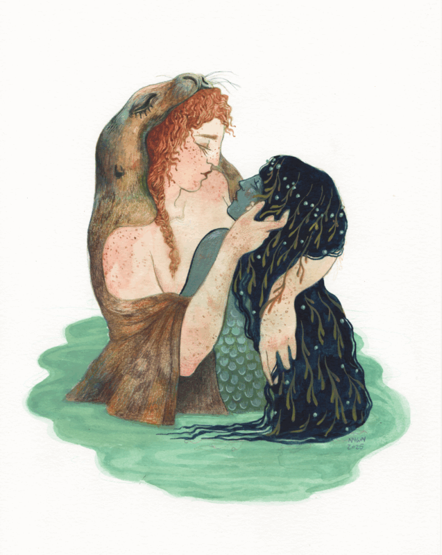 Watercolour painting of a selkie and a nymph in a romantic embrace