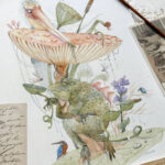 Whimsical Watercolour painting of a swamp with frog stork and mushroom