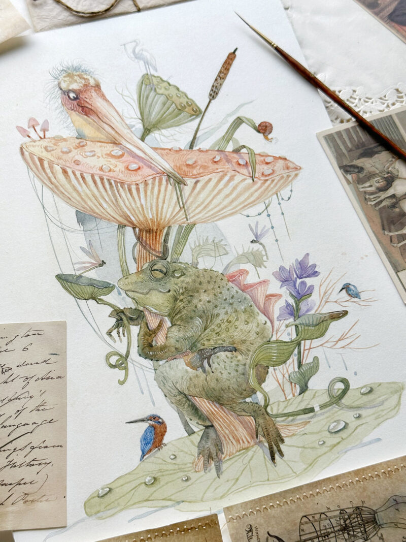 Whimsical Watercolour painting of a swamp with frog stork and mushroom