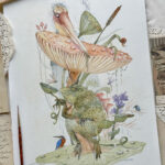 Whimsical Watercolour painting of a swamp with frog stork and mushroom