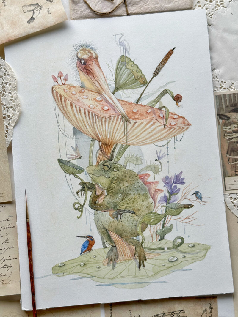 Whimsical Watercolour painting of a swamp with frog stork and mushroom