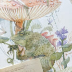 Whimsical Watercolour painting of a swamp with frog stork and mushroom