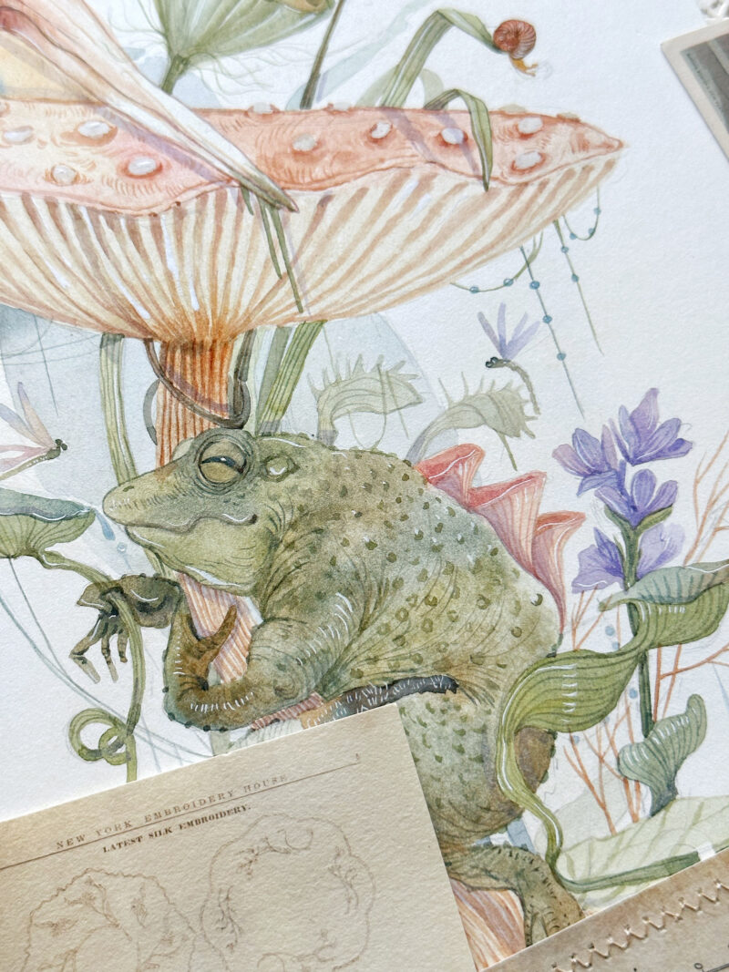 Whimsical Watercolour painting of a swamp with frog stork and mushroom