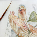 Whimsical Watercolour painting of a swamp with frog stork and mushroom