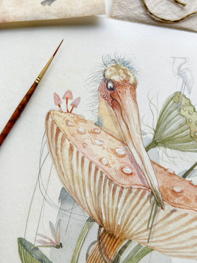 Whimsical Watercolour painting of a swamp with frog stork and mushroom