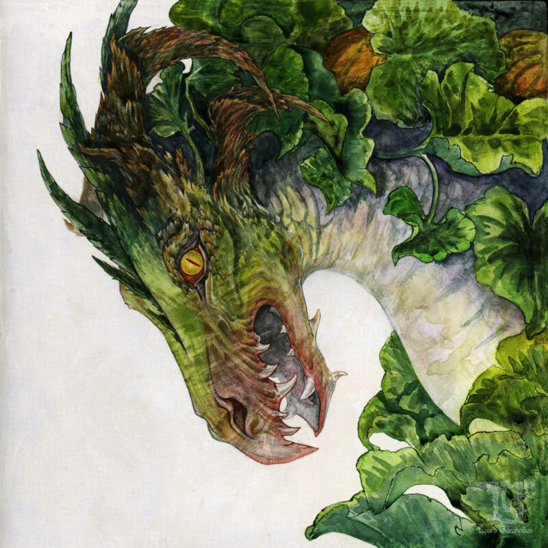 Watercolor painted portrait of a dragon head and neck in profile heading left. The dragon is mostly greens, browns, and tans. The spines along his head is dark green, his horns are brown, and his eyes are yellow with red sclera. Emerging from behind his horns and neck and the right side of the canvas are pumpkin leaves and small pumpkins.