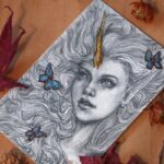 Pencil portrait of an unicorn girl with long hair surrounded by blue butterflies.