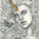 Pencil portrait of an unicorn girl with long hair surrounded by blue butterflies.