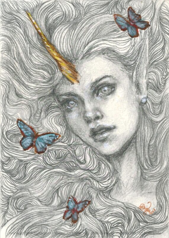 Pencil portrait of an unicorn girl with long hair surrounded by blue butterflies.