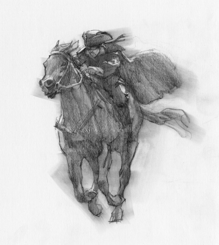 Greg Manchess drawing of the highwayman riding on a running horse.