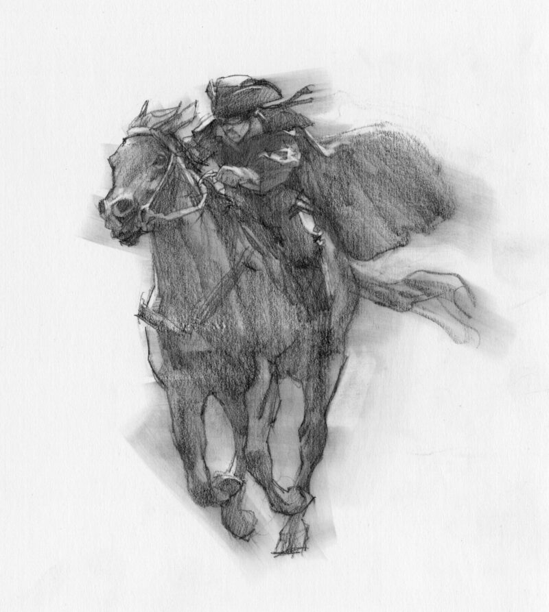 Greg Manchess drawing of the highwayman riding on a running horse.