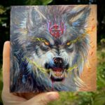 snarling wolf wearing pentagram on copper foil