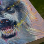 snarling wolf wearing pentagram on copper foil
