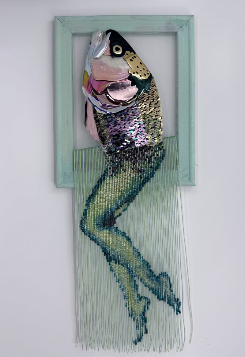Reverse mermaid - salmon head created with sequin film and shell atop beaded fringe legs