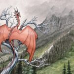 A rusty red dragon perched on a twisted dead tree looking out at a misty mountain range.A flat view of the artwork for better viewing. Watermark will not appear on artwork.
