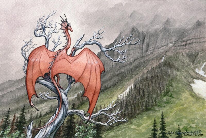 A rusty red dragon perched on a twisted dead tree looking out at a misty mountain range.A flat view of the artwork for better viewing. Watermark will not appear on artwork.