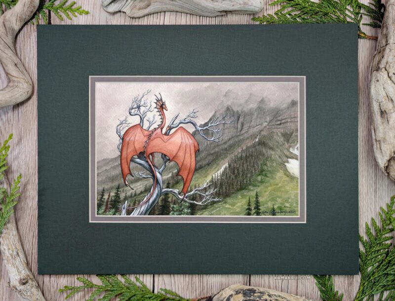 Photo of artwork of a rusty red dragon perched on a twisted dead tree looking out at a misty mountain range.