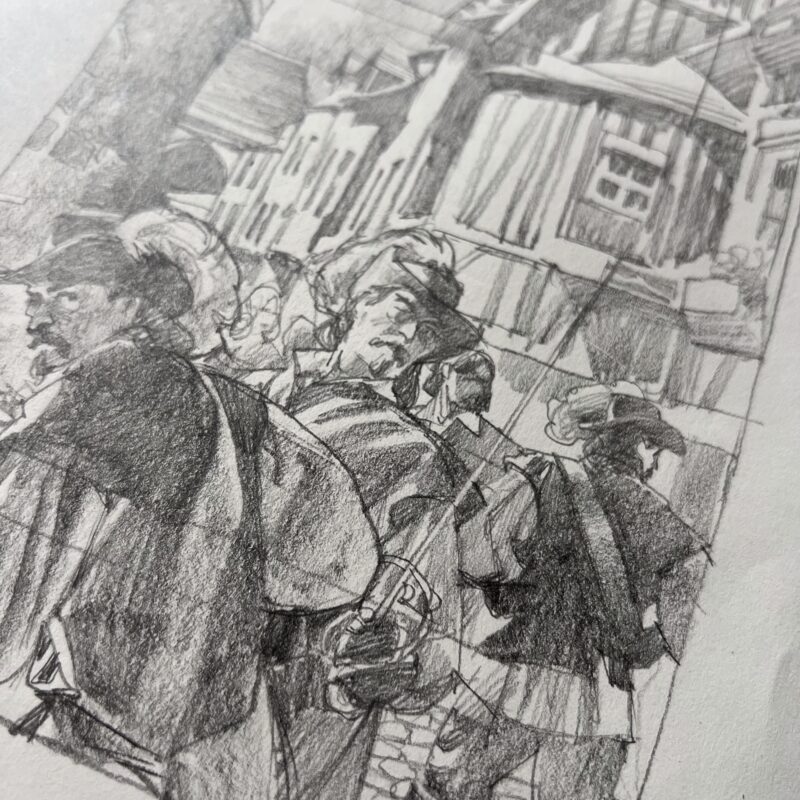 Greg Manchess drawing of the Three Musketeers.