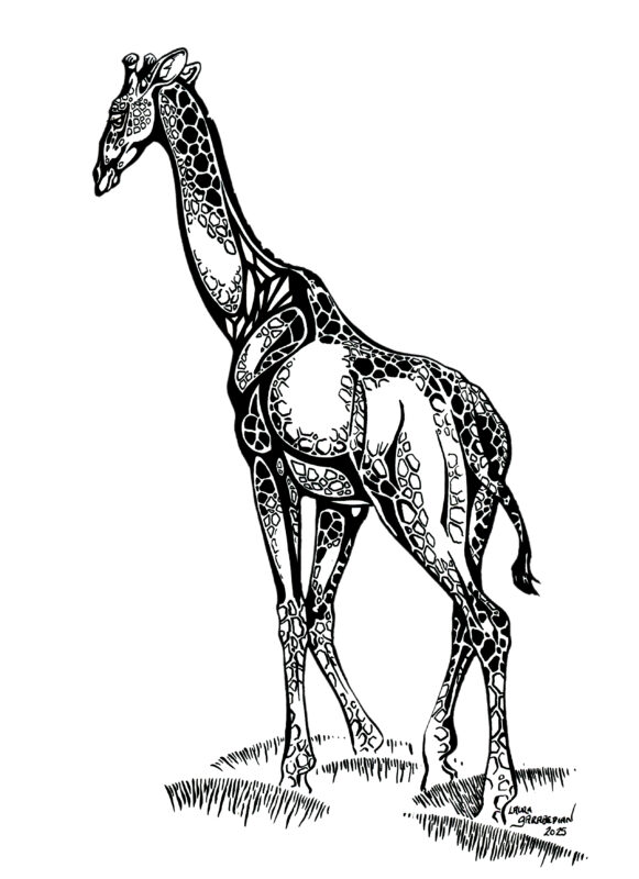 Ink drawing of a giraffe with extremely stylized ink patterning on it's body