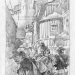 Greg Manchess drawing of the three musketeers in a crowded city street with Tudor buildings.