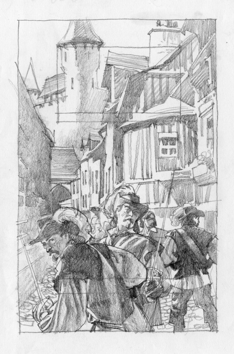 Greg Manchess drawing of the three musketeers in a crowded city street with Tudor buildings.