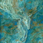 just the painting of the deer on its own, no frame. it is teal and gold and blue. the deer looks to be pale, almost bone like.