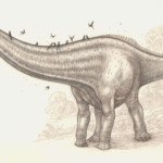 Brown and graphite pencil of the sauropod dinosaur, Diplodocus.