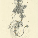 An ink drawing of a Korean norigae, specifically based off the character in KPop Demon Hunters, Rumi.