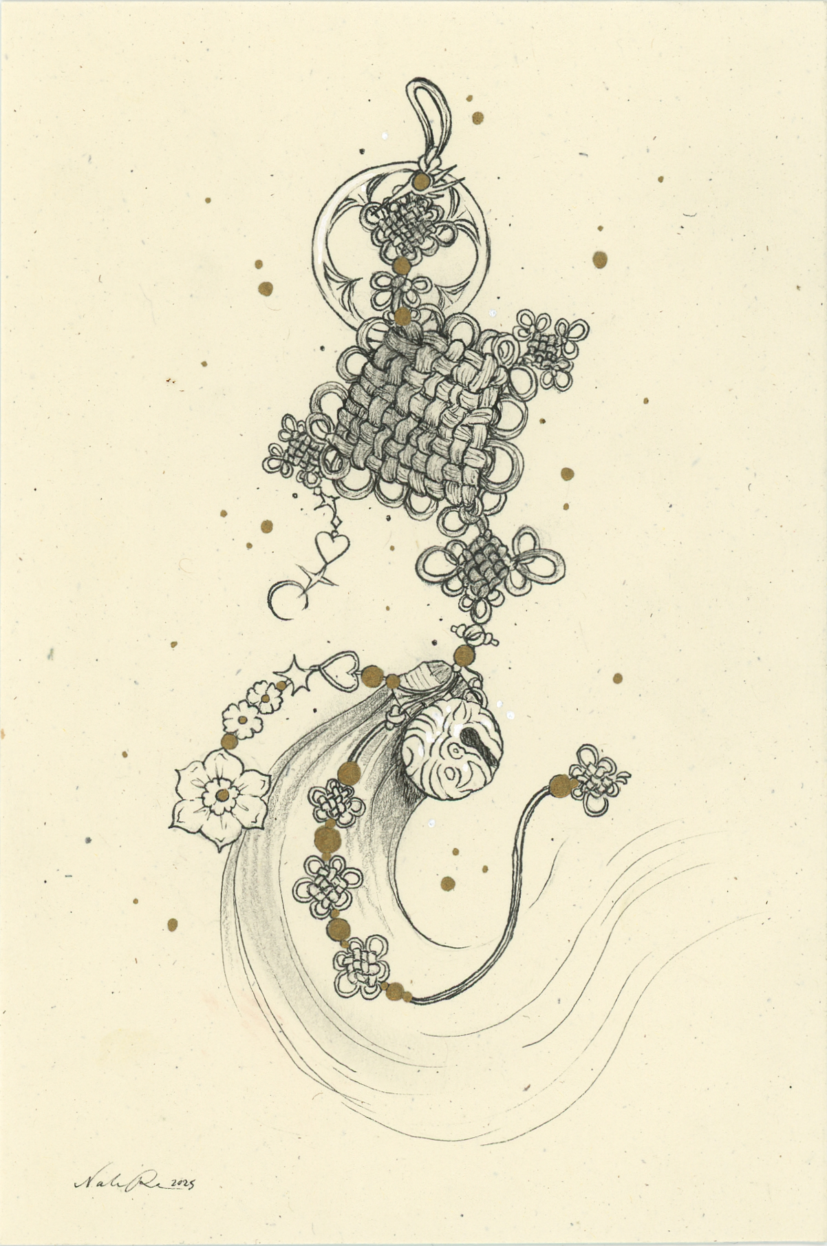 An ink drawing of a Korean norigae, specifically based off the character in KPop Demon Hunters, Rumi.