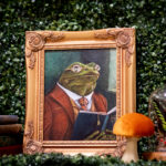 Original whimsical animal portrait painting Professor Percival Croakley by Connie Resch, acrylic on birch panel in ornate gold frame, styled with vintage and natural home decor