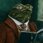 Original acrylic painting of a sophisticated frog in a Renaissance-style portrait titled Professor Percival Croakley, wearing a suit and gold-rimmed glasses while reading a book titled ‘Pond and Prejudice,’ painted by artist Connie Resch.