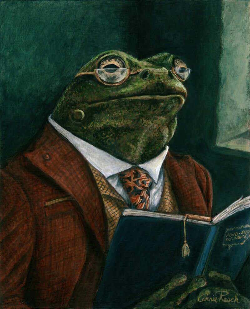 Original acrylic painting of a sophisticated frog in a Renaissance-style portrait titled Professor Percival Croakley, wearing a suit and gold-rimmed glasses while reading a book titled ‘Pond and Prejudice,’ painted by artist Connie Resch.
