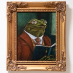 Framed original painting Professor Percival Croakley by artist Connie Resch, Renaissance-style frog portrait in ornate gold frame, hanging on a wall as home or office art decor.