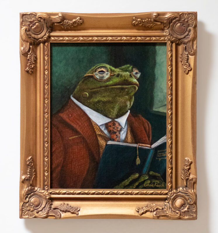 Framed original painting Professor Percival Croakley by artist Connie Resch, Renaissance-style frog portrait in ornate gold frame, hanging on a wall as home or office art decor.