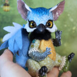 original art doll of a half bluetit half cat creature made by Svetlana Polupanova