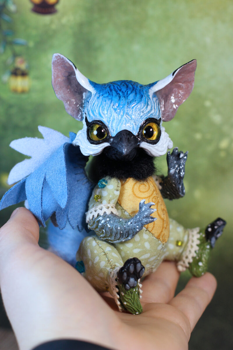 original art doll of a half bluetit half cat creature made by Svetlana Polupanova