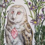 Watercolor and graphite illustration depicting a barn owl as a witches familiar, clutching in one claw a gold leaf pentagram. This piece features the owl familiar surrounded by different plants that symbolize and attract them: blackberries, aster, and pine.