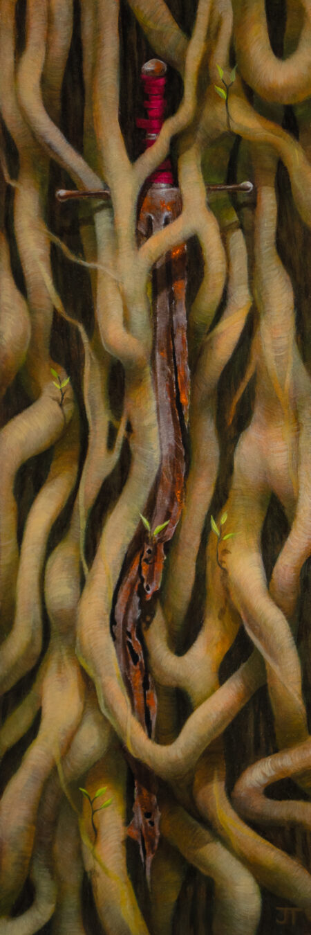 A painting of a forgotten, rusted sword slowly being devoured and deformed by the forces of nature.