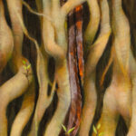 A painting of a forgotten, rusted sword slowly being devoured and deformed by the forces of nature.