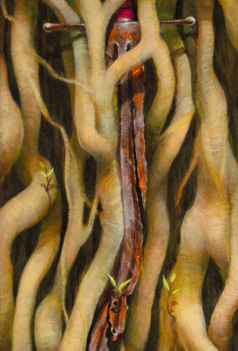 A painting of a forgotten, rusted sword slowly being devoured and deformed by the forces of nature.