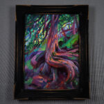 Plein air oil painting of a twisted cedar tree displayed in a dark wooden frame with warm edge highlights, set against a neutral gray background.