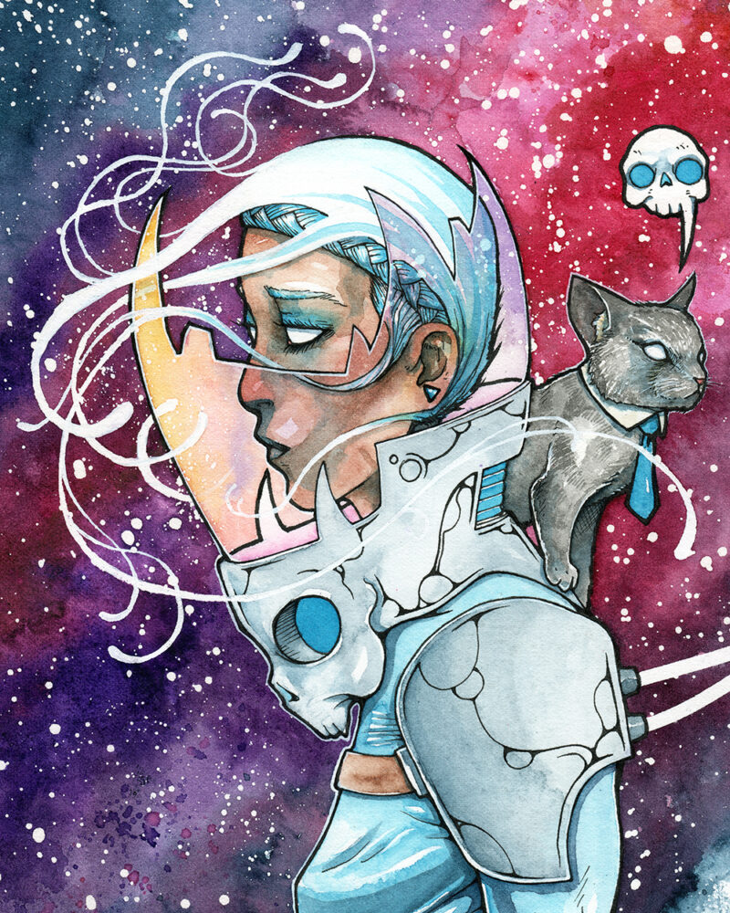 Detail shot of This Cosmic Business original watercolor painting.