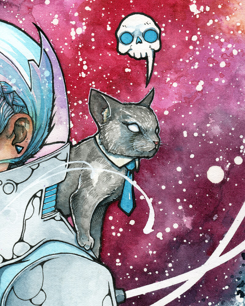 Detail shot of This Cosmic Business original watercolor painting.