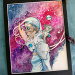 Photo of This Cosmic Business watercolor painting set in black mat board.