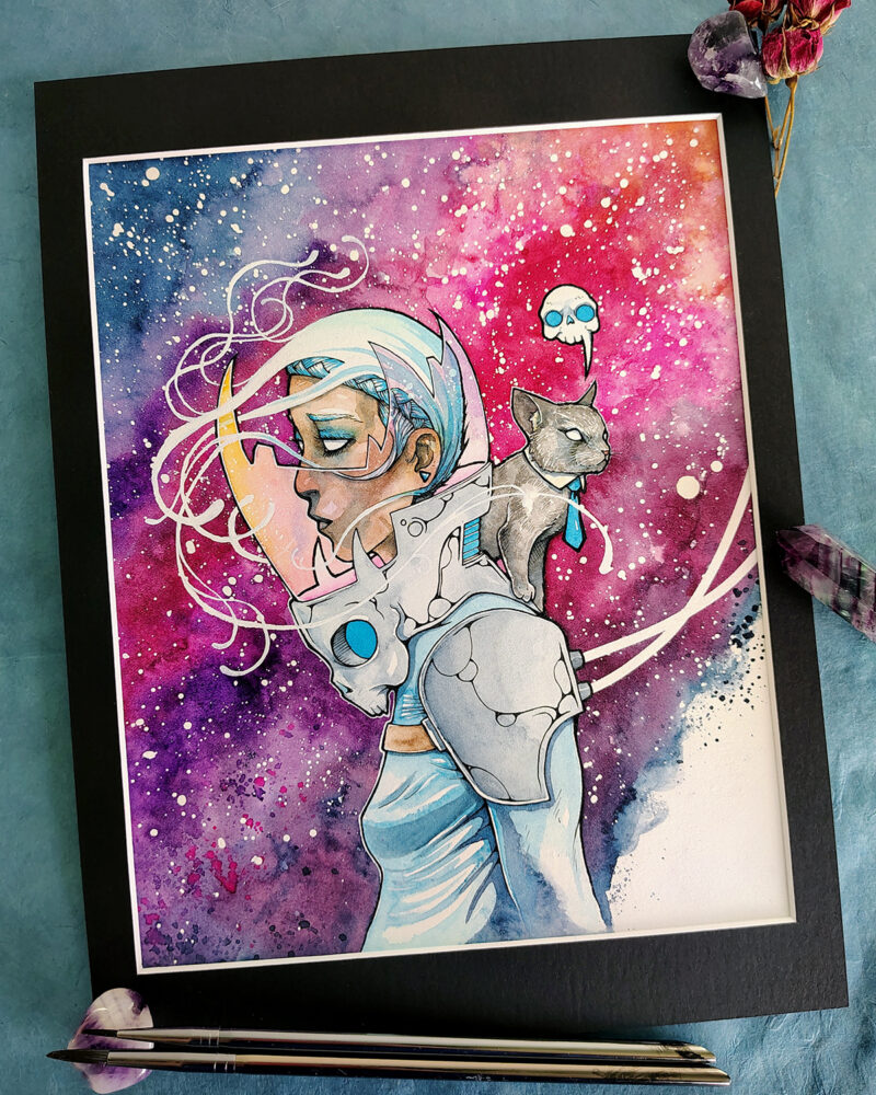 Photo of This Cosmic Business watercolor painting set in black mat board.