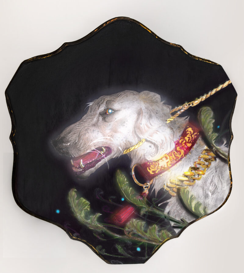 A fantasy borzoi adorned in shining gold is caught in a cameras bright flash while standing in tall grass. painting on a Quatrefoil found object.