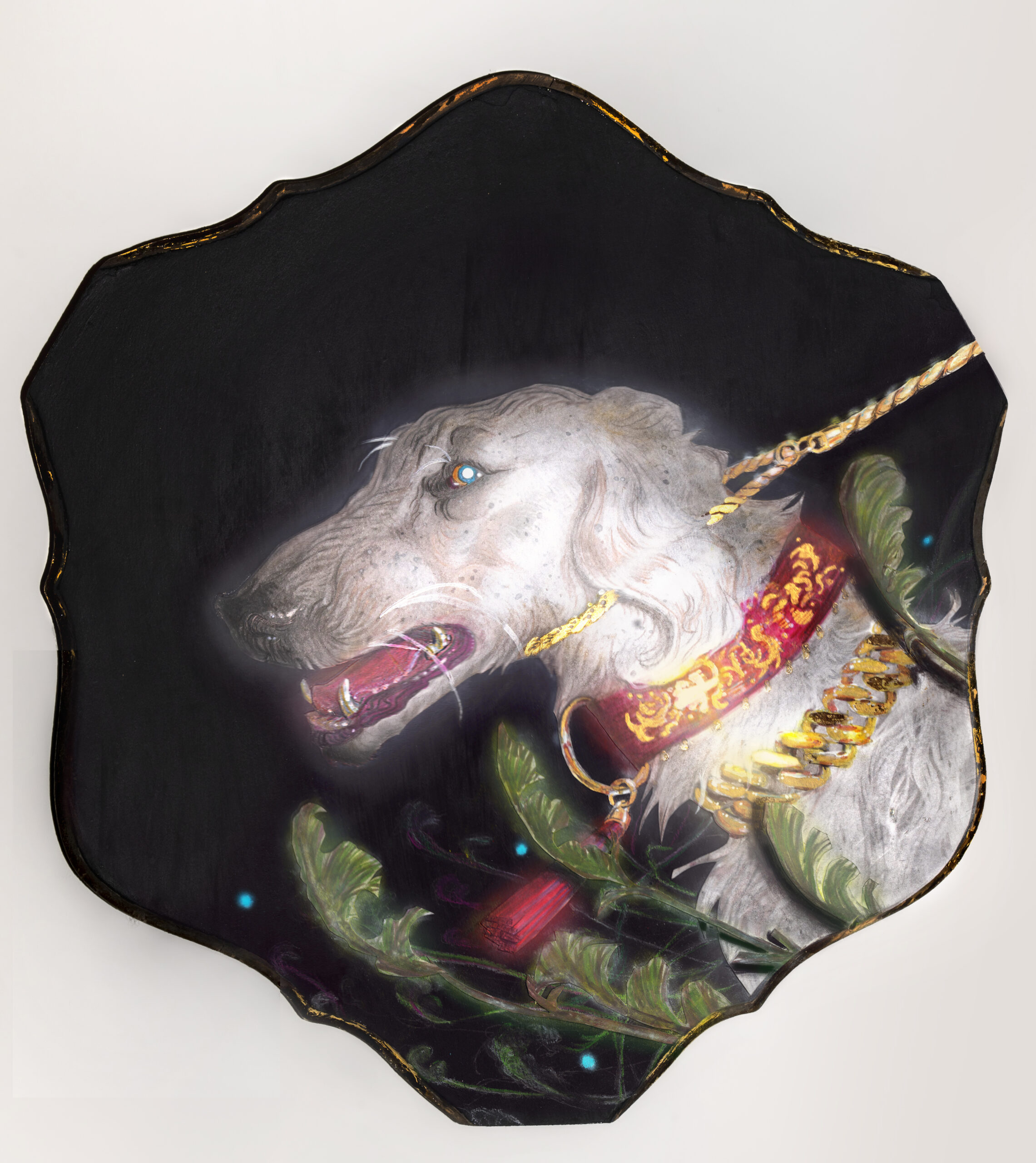 A fantasy borzoi adorned in shining gold is caught in a cameras bright flash while standing in tall grass. painting on a Quatrefoil found object.