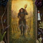 Illustration of 9 of Wands. A sorceress walks towards us, staff on left hand, hand on torso covering a wound. 4 thin trees on each side. Mountains far on the background, yellow sky. A border with leaves and on the bottom of it, thorns start to appear. This photo shows the painting framed.