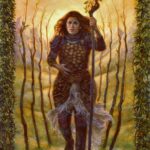 Illustration of 9 of Wands. A sorceress walks towards us, staff on left hand, hand on torso covering a wound. 4 thin trees on each side. Mountains far on the background, yellow sky. A border with leaves and on the bottom of it, thorns start to appear.